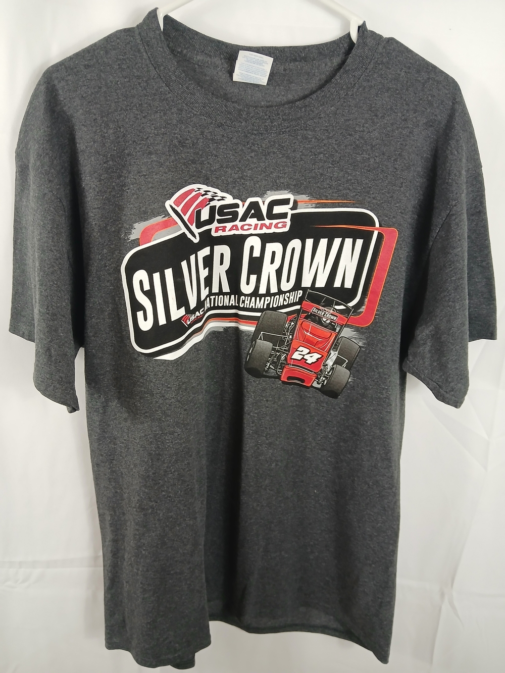 Port and Company Dark Gray Silver Crown Racing Tee with Red Car